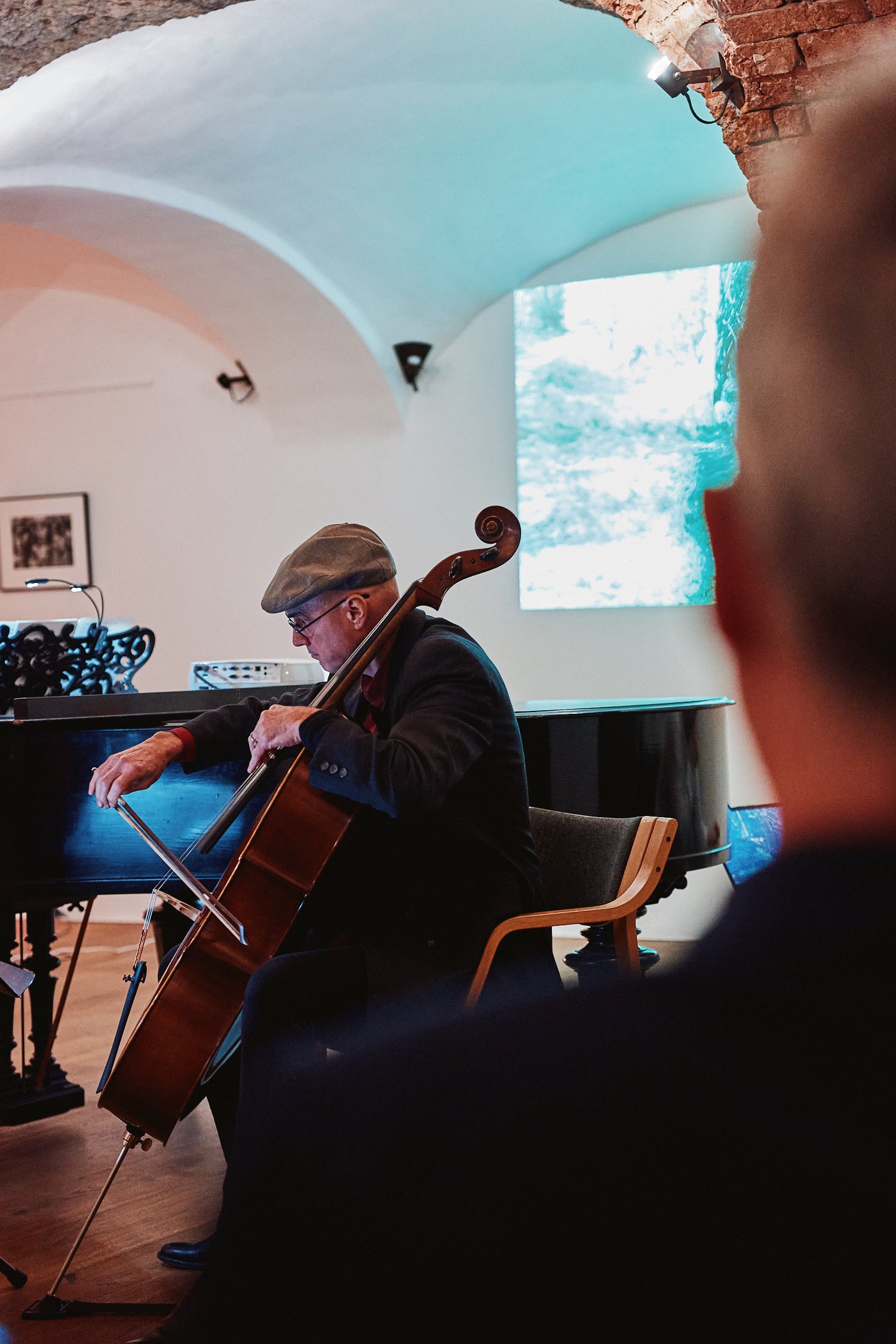 Cellist im Gewölbesaal, dahinter eine projizierte Landschaft