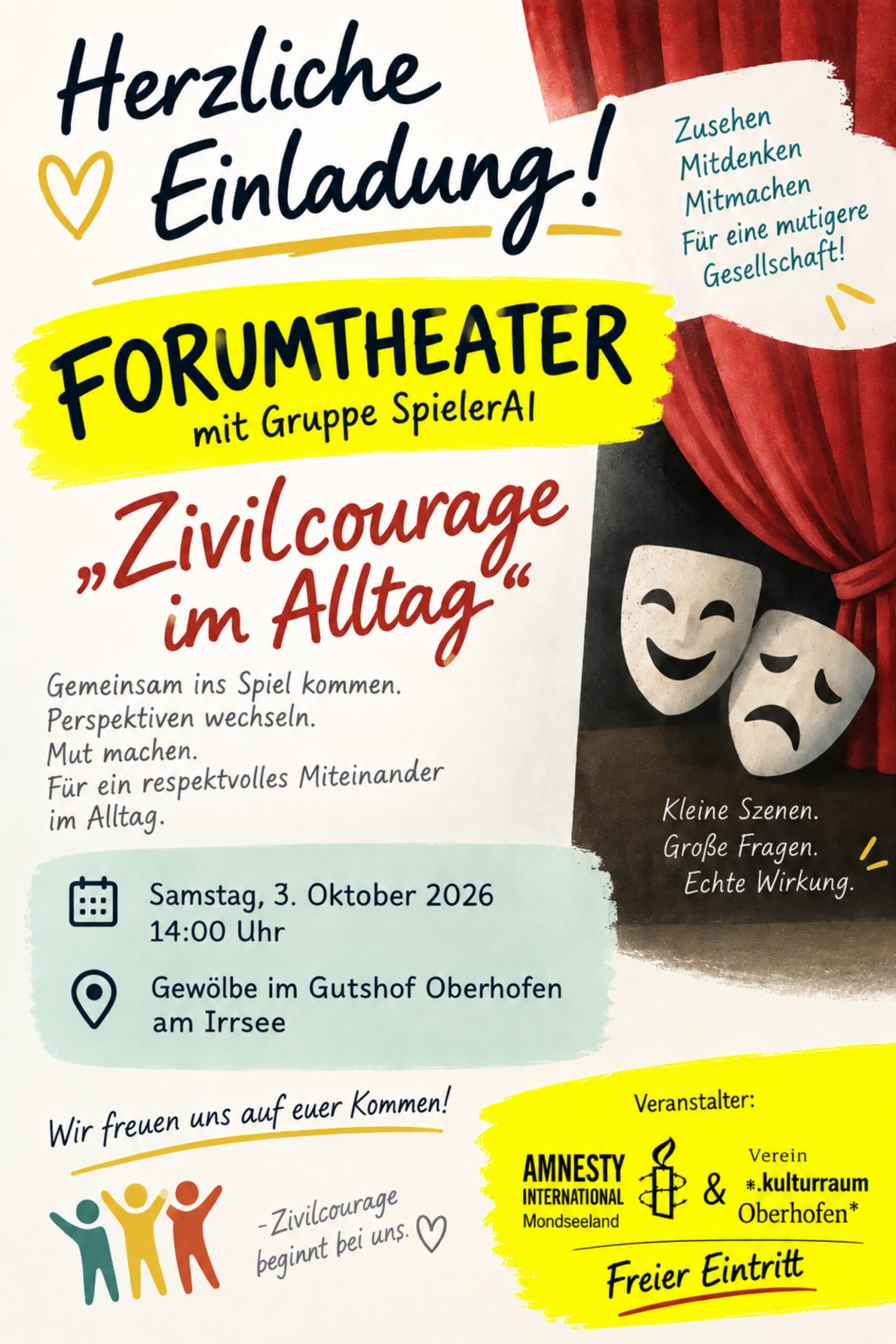 Einladungsplakat Forumtheater „Zivilcourage im Alltag“, Amnesty International und .kulturraum Oberhofen, 3. Oktober 2026