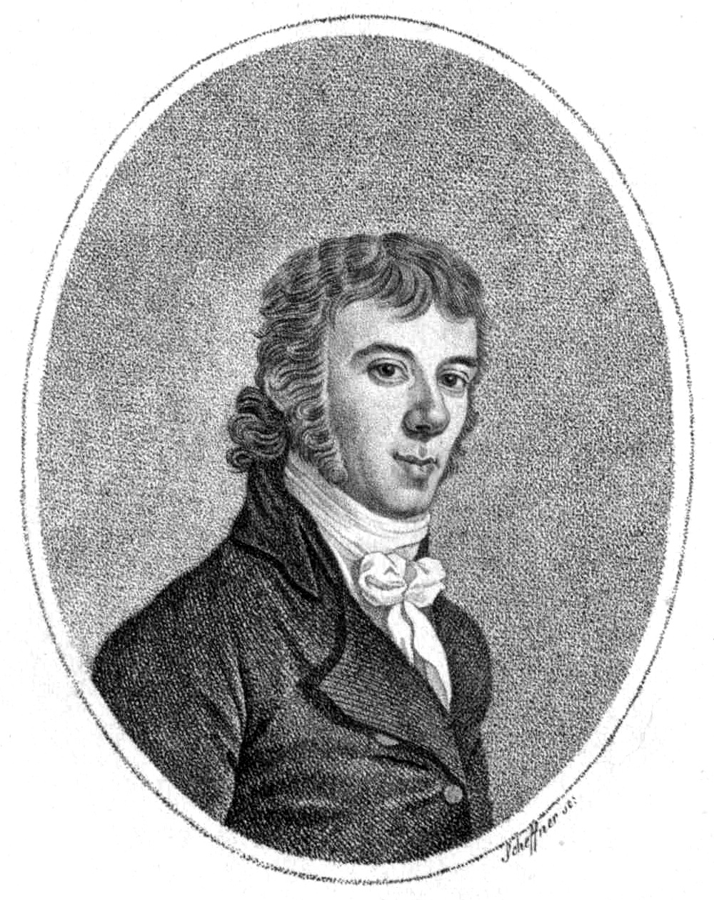 Joseph Wölfl, Porträt im Oval: junger Mann mit lockigem Haar, dunklem Rock und weißem Halstuch, Lithografie in Schwarz-Weiß